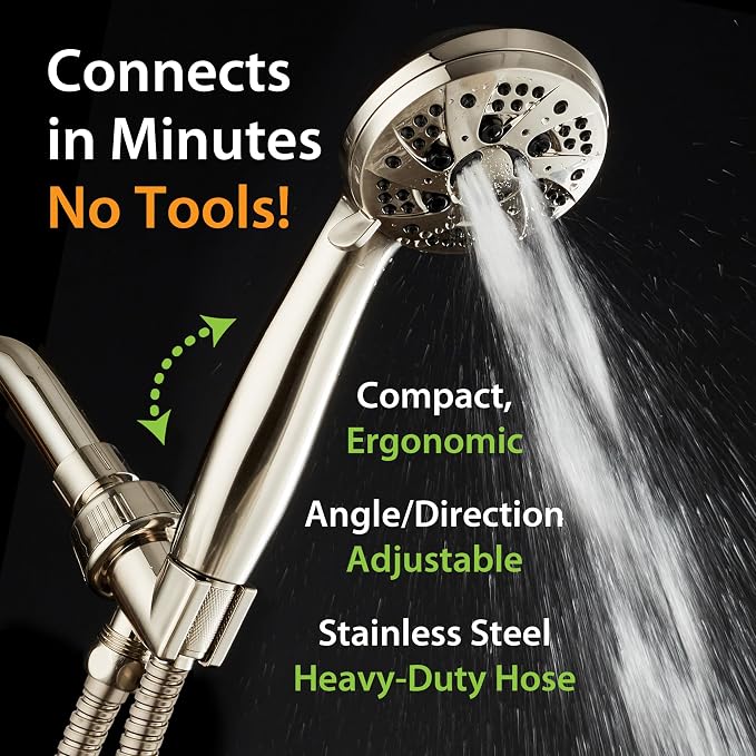 AquaDance For California High Pressure 6-Setting Full Brushed Nickel Face Handheld Shower with Hose for Ultimate Shower Experience! Officially Tested to Meet Strict US Quality & Performance Standards!