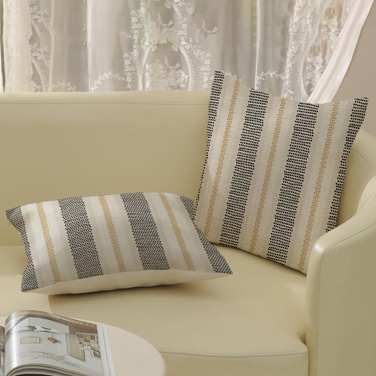 DAFENA Black Pillow Covers 18x18 Inch 2 Pcs Boho Mustard Yellow Polka Dots Striped Decor Throw Pillows Modern Geometric Outdoor Farmhouse Decoration Pillowcase Linen Cushion Cover for Couch Sofa
