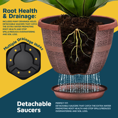 10-Inch Whiskey Barrel Planters Outdoor Pack of 25 - Durable Plastic Plant Pots for Indoor & Outdoor Use with Drainage & Saucer, Lightweight Rustic Barrel Planters for Flowers, Herbs & Small Plants