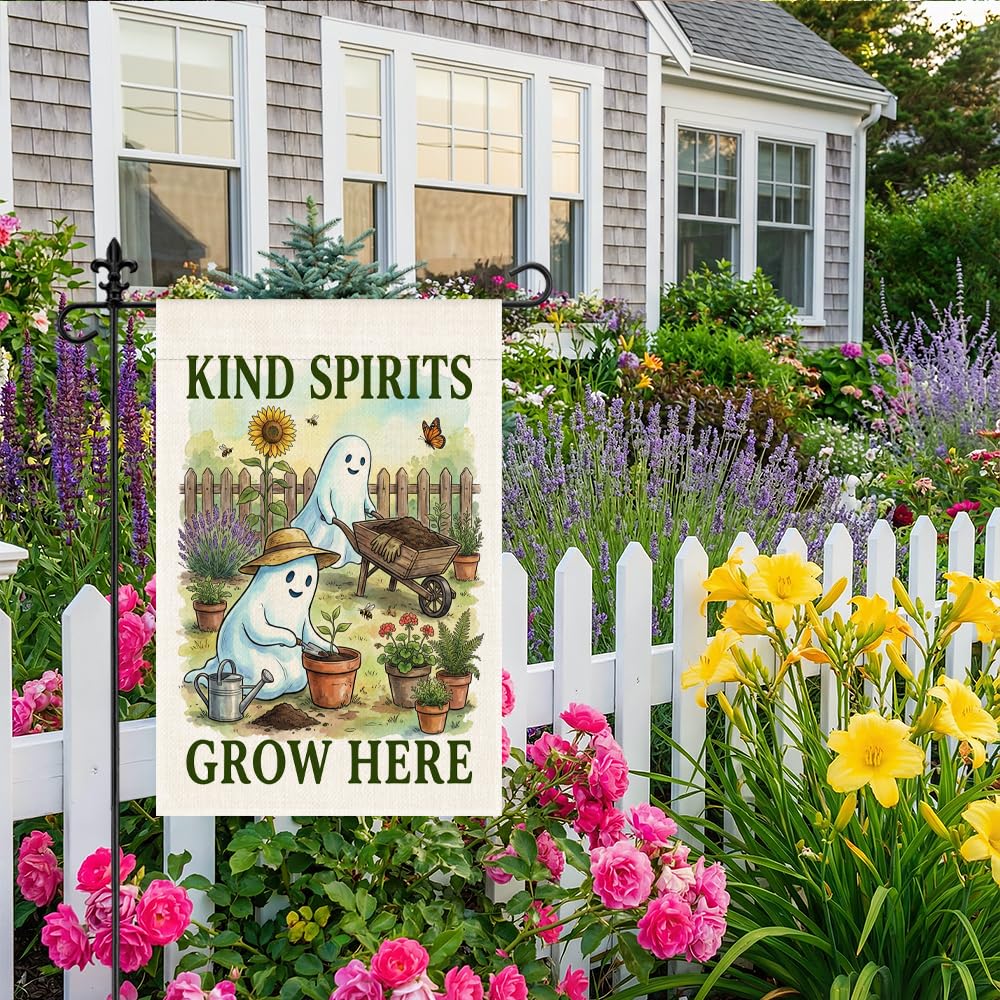 WHTYEFZ Kind Spirits Grow Here Garden Flag, Halloween Ghost Gardening Decor, 12 x 18 Inch Double Sided Cute Floral Planting Yard Flag, Halloween Gifts for Gardener Neighbor Friend Family Plant Lover