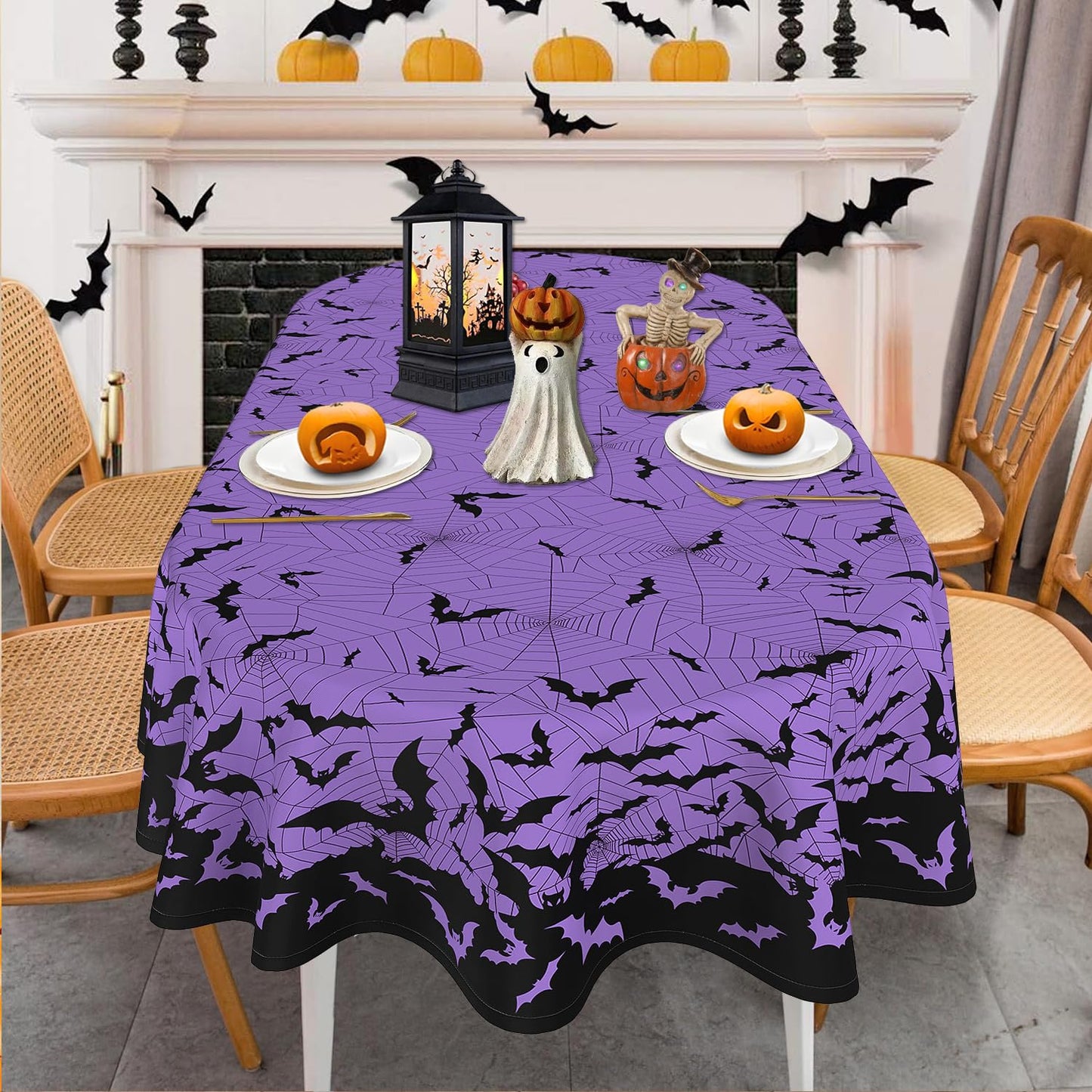 HSOWKDN Oval Halloween Tablecloth 60×84 Inch, Halloween Purple Tablecloths Oval Spider Web Bat Table Cloth Washable, Spooky Table Cover Decor for Party Picnic Dinner