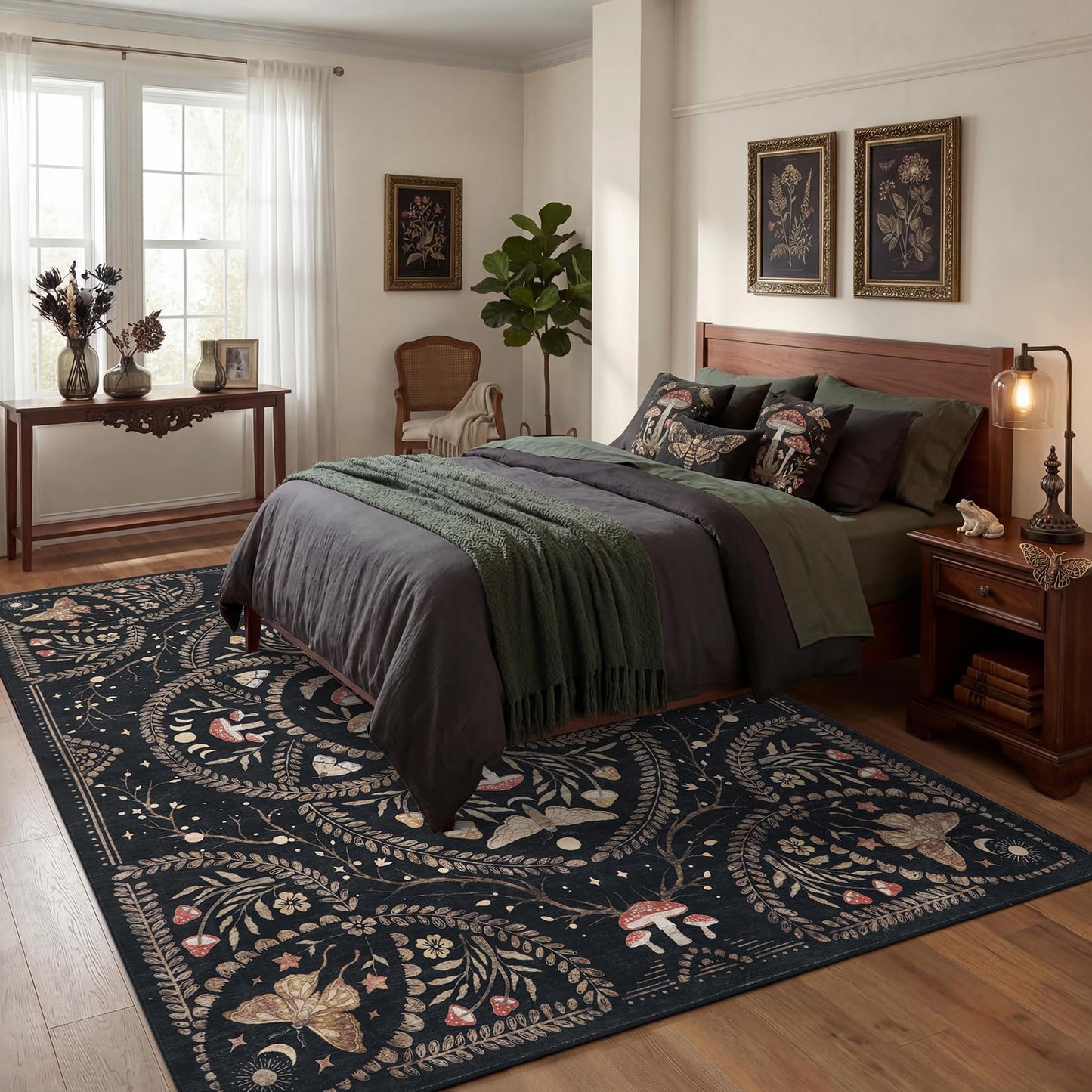 Garvee Mushroom 9x12 Area Rugs for Living Room, Dark Academia Gothic Rug, Non Slip Animal Print Washable Rugs 9x12 Low Pile Bedroom Decor Bug Carpet with Rubber for Dining Room Playroom Office, Black