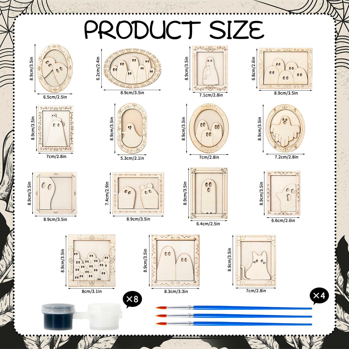 JarThenaAMCS 15 Set Halloween Wood DIY Frames Decorating Craft Unfinished Black Cat Ghost Wooden Gift Ornament Painting Set with White Black Paint and Brush for Art Party Supplies, Not Include Glue