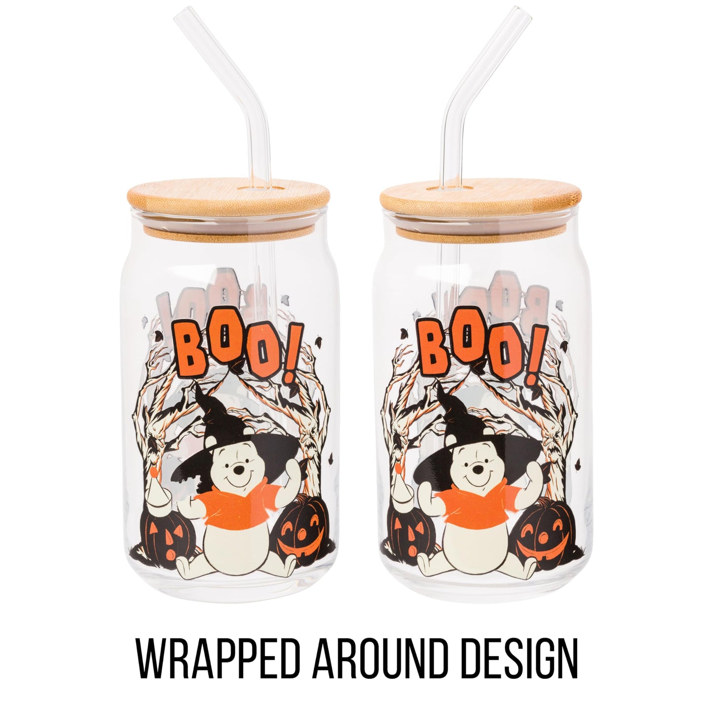 Silver Buffalo Disney Winnie the Pooh Halloween Spooky Boo Witch Hat Jack-o-Lantern Glass Jar Tumbler with Bamboo Lid and Glass Straw, 16 Ounces