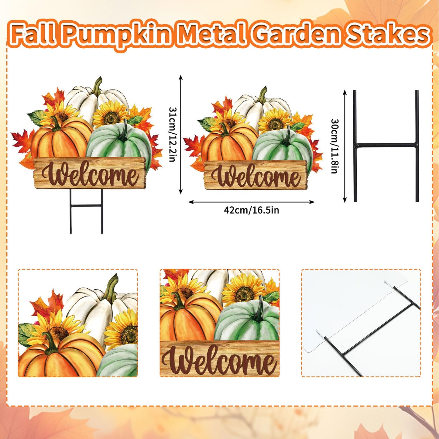 JarThenaAMCS Fall Pumpkin Metal Garden Stakes Green Orange White Pumpkin Decorative Lawn Sign Autumn Harvest Welcome Yard Sign for Thanksgiving Home Outside Lawn Porch Decor