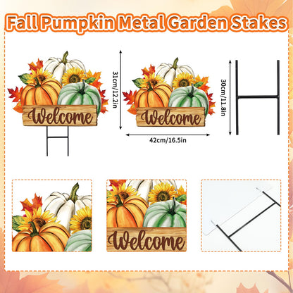 JarThenaAMCS Fall Pumpkin Metal Garden Stakes Green Orange White Pumpkin Decorative Lawn Sign Autumn Harvest Welcome Yard Sign for Thanksgiving Home Outside Lawn Porch Decor
