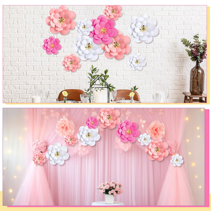 Mooliwe Paper Flowers Decorations for Wall DIY 3D Paper Bulletin Board Mexican Flowers Backdrop Decoration for Classroom Back to School Holiday Party(Pink White,10 Set)