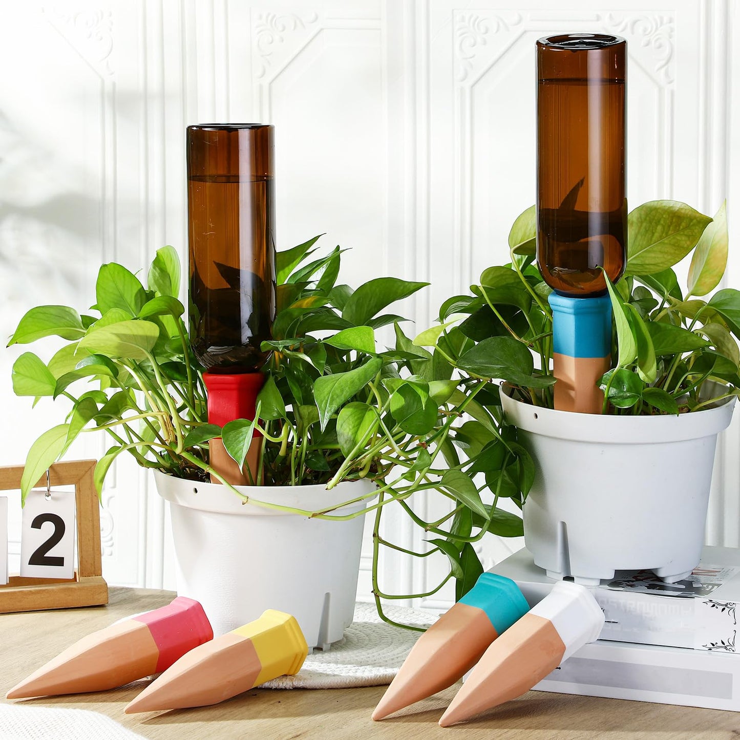 SiliFine 6 Sets Plant Watering Devices Include Terracotta Self Watering Spikes and 26 oz Plastic Bottles, Slow Release Vacation Insert Automatic Plant Waterer Device (Brown and Mixed Color)