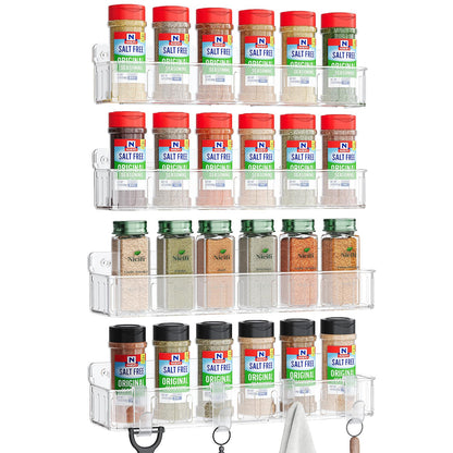Nieifi Spice Rack Wall Mount, 4 Pack, Clear, 2 Inch Wide, Screw or Adhesive Installation, Spice Rack Organizer for Small Spice Jars, Suitable for Kitchen Cabinet or Pantry Door