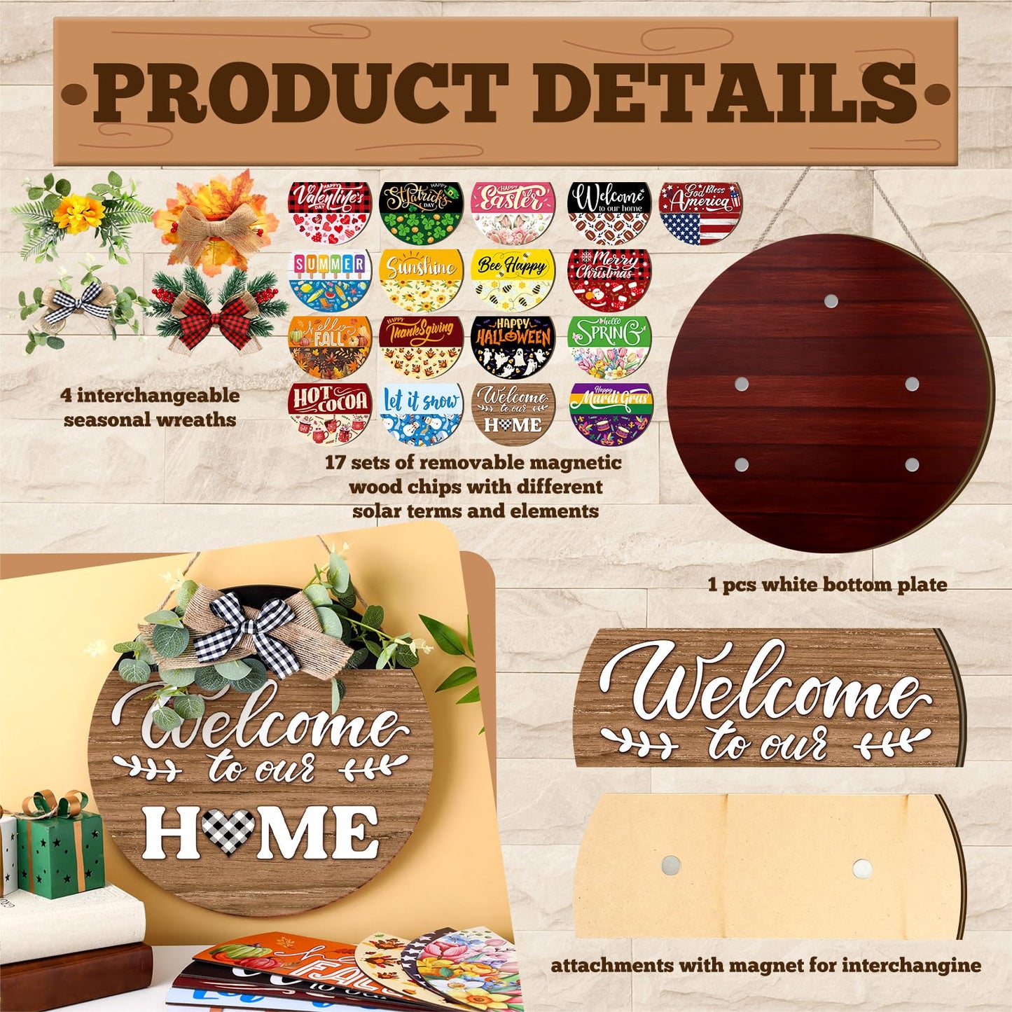 Vicenpal 22 Pcs Interchangeable Welcome Sign for Front Door with 17 Magnetic Icon Wooden Seasonal Front Porch Door Decor with 4 Seasonal Wreath for Holiday Halloween Christmas Gift(Dark Brown,Novel)