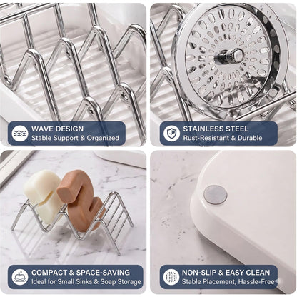 Bar Soap Holder with Removable Drip Tray,Rustproof SUS304 Stainless Steel Soap Dish for Shower Bathroom Countertop, Non-Slip Wave Bar Saver for Shampoo Soap Sponge, White