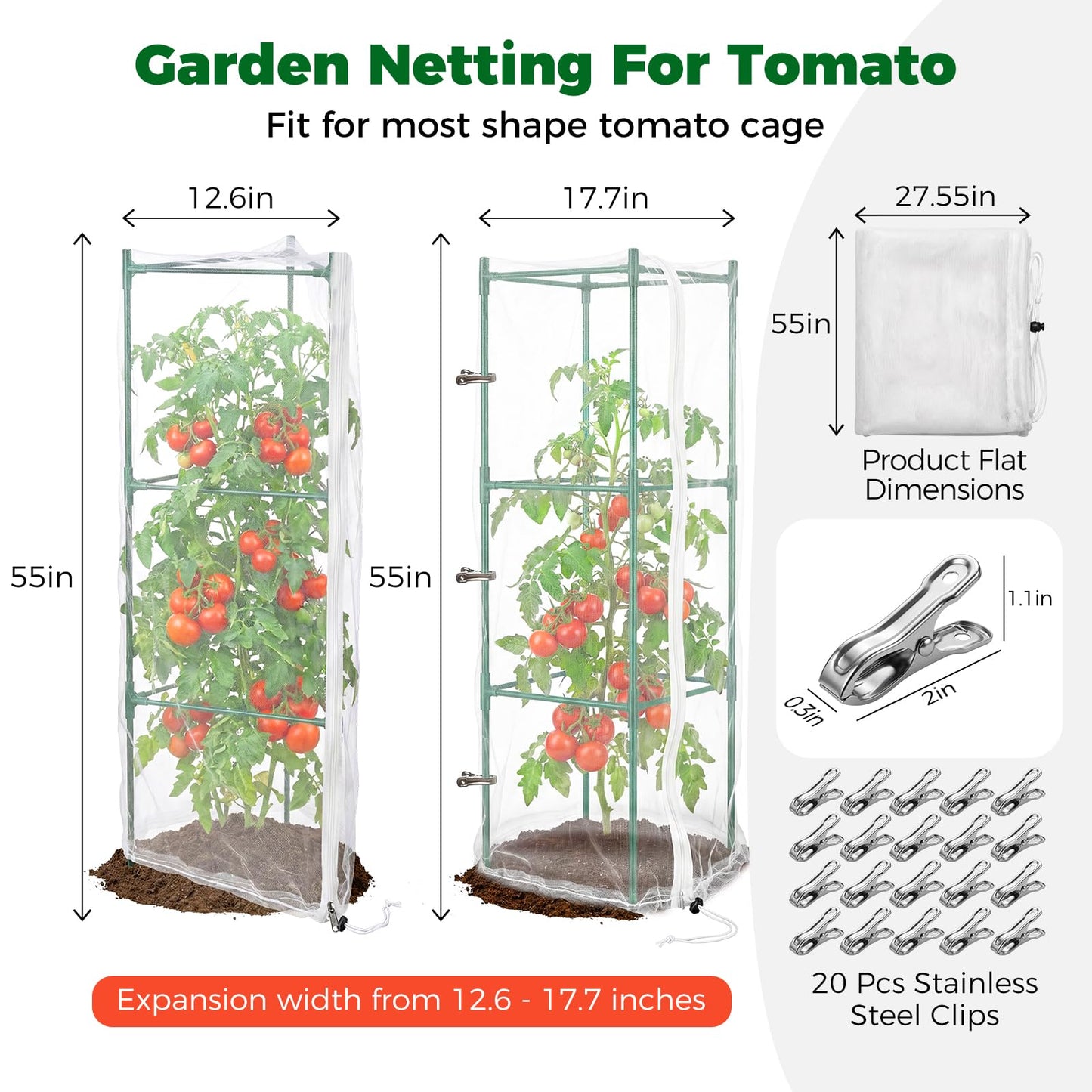 3Pcs Garden Bird Netting Plant Cover for Tomato Cage, 55" x 17.7" Insect Bird Barrier Tomato Cage Net with 20 Clips, Tomato Trellis Plant Netting Cover for Square Tomatoes Cages Plants Protection