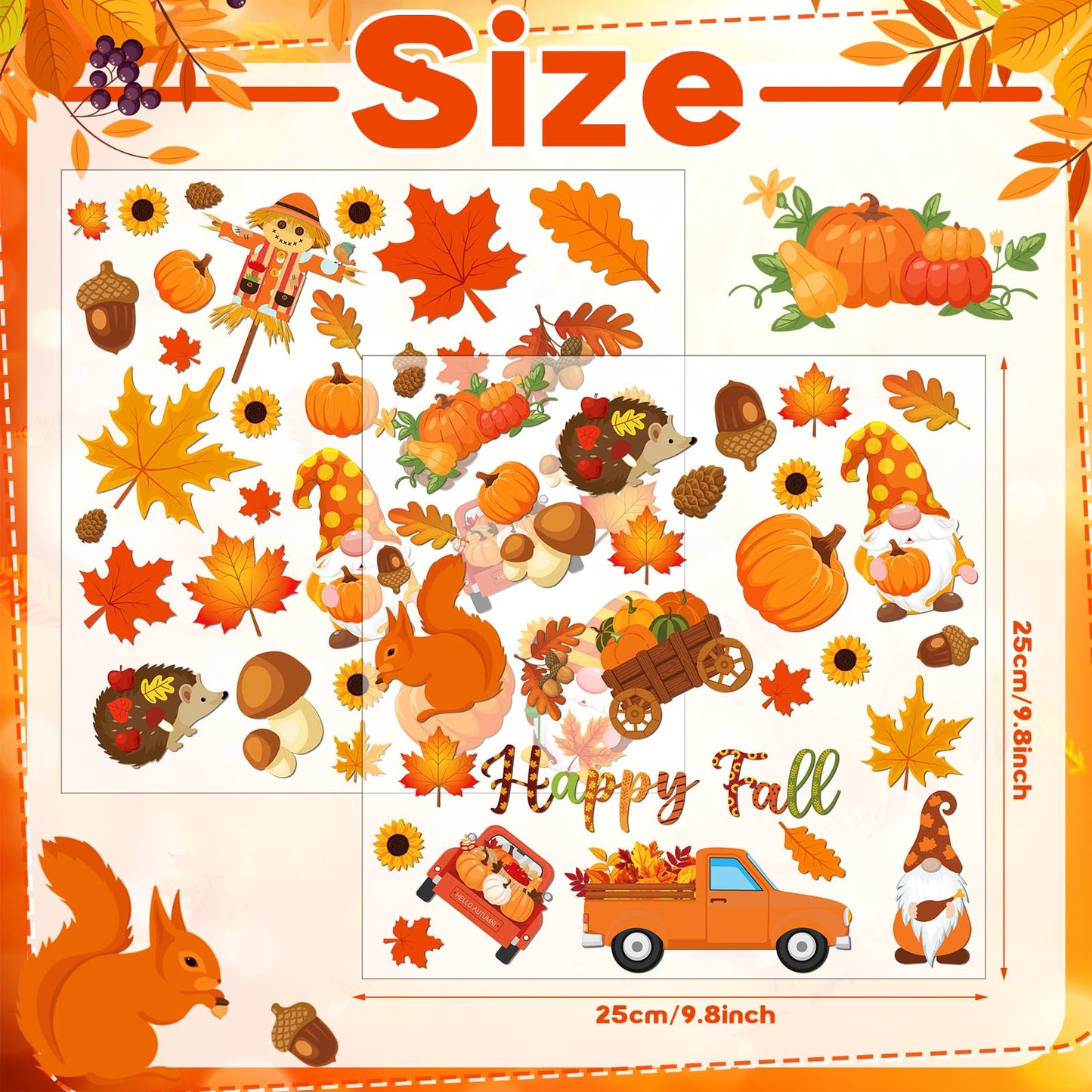 Motipuns 2 Sheet 64 Pcs Thanksgiving Gel Window Clings Fall Thick Gel Cling Removable Reusable Autumn Harvest Window Sticker Pumpkin Maple Leaves Gnome Decal for Glass Classroom Fall Party Decor