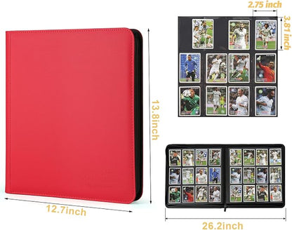 12-Pocket Business Card Binder holds 720 Cards, Premium Diamond Texture PU Leather Name Card Holder Organizer with Zipper, Black Sleeves Side Loading Card Book for Collectors & Office(red)