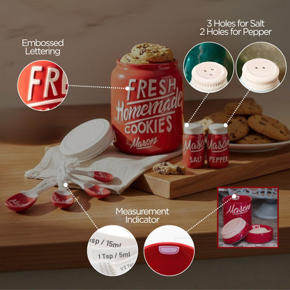 Mason Jar Ceramic Canister Set, Farmhouse Canisters Sets for the Kitchen Decor, Utensil Holder, Spoon Rest, Cookie Jar, Salt & Pepper Shaker, Sponge Holder, Measuring Cups & Spoons (Red, 17-Pc Bundle)