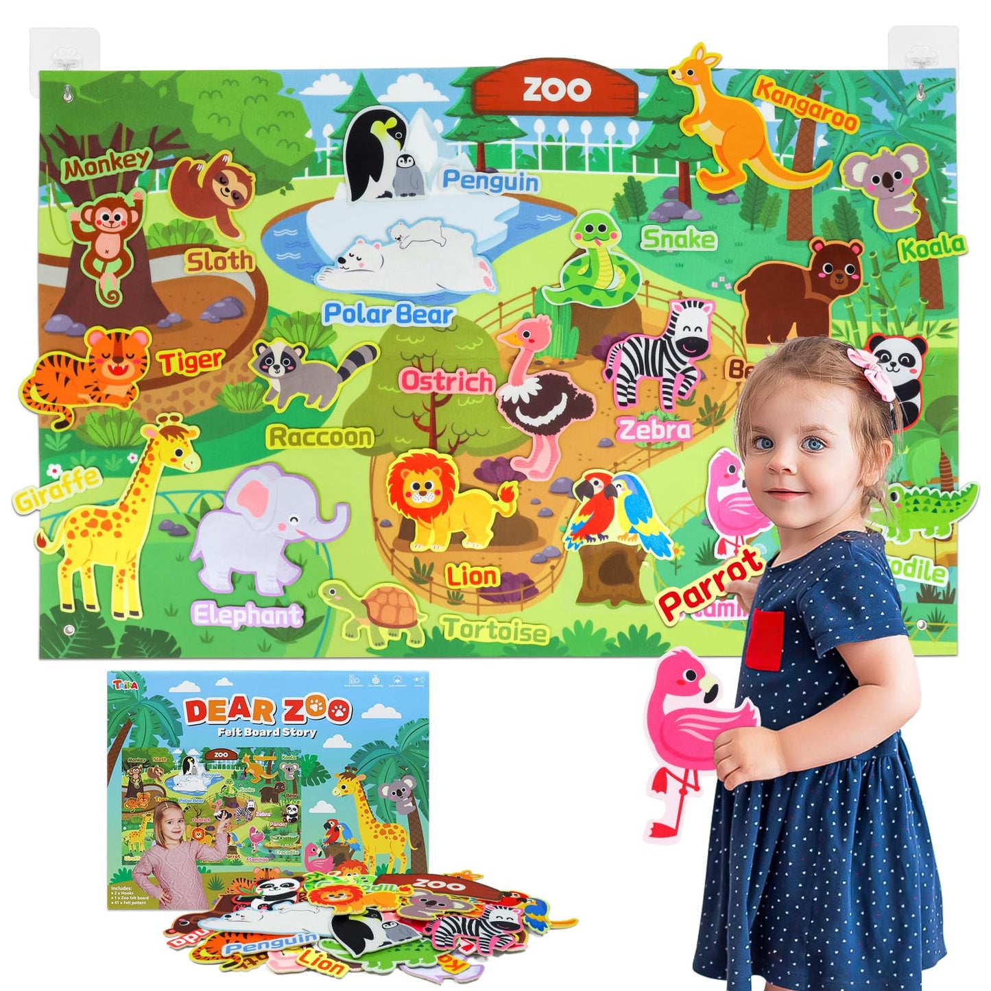 Taika 43x28 inch Zoo Animals Felt Story Board Set, 41Pcs Jungle Animals Toys, Thicker Flannel Board, Preschool Learning Toy, Interactive Storytelling Teaching Play Activity Kits
