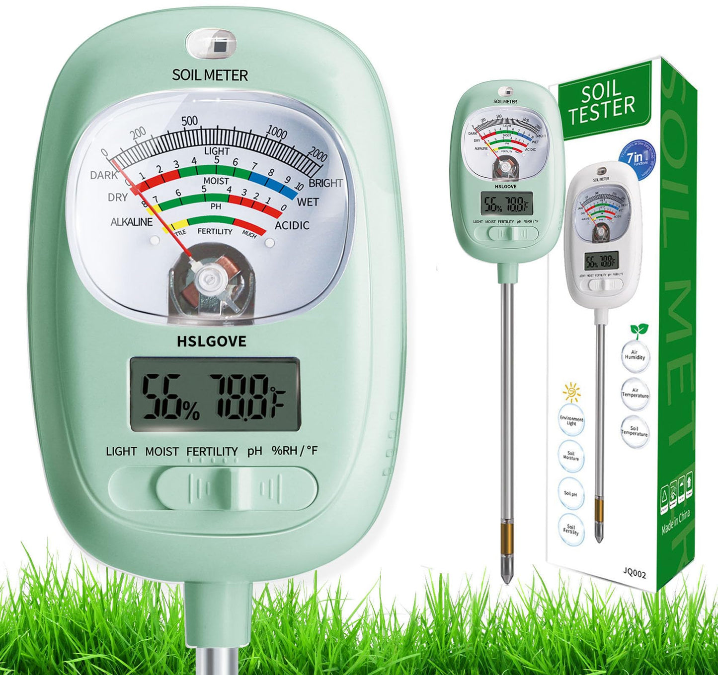 HSLGOVE Soil Test Kit, 7-in-One Soil Moisture Meter/Soil PH Meter/Fertility, Dual Screen Soil Tester w/Digital Soil Temp/Air Temp&Humidity for Plants Gardening,Lawn,Farm Indoor&Outdoor-AppleGreen