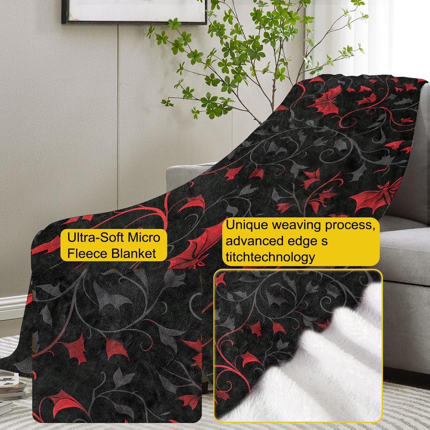 VANZEV Enchanted Autumn Leaves Fleece Blanket Gifts, Elegant Red and Black Bat Design, Cozy Throw 50x60 inches, Halloween Decor