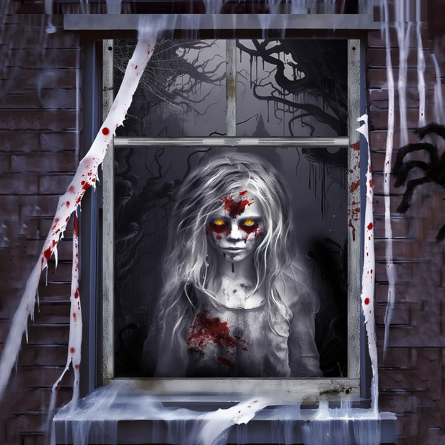 Recailly Halloween Ghost Curtains Decorations, 2 Pack, Window Silhouettes, Horror Little Girl and Boy Window Cover Indoor Decor（Kids Ghost）