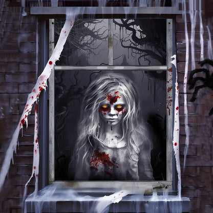 Recailly Halloween Ghost Curtains Decorations, 2 Pack, Window Silhouettes, Horror Little Girl and Boy Window Cover Indoor Decor（Kids Ghost）