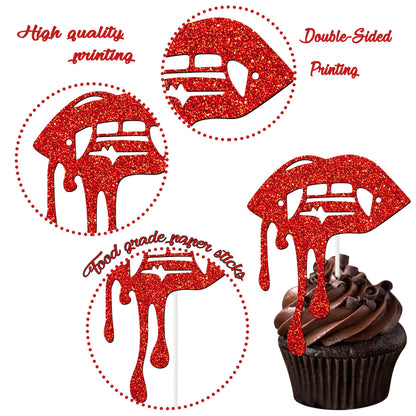 Halloween Vampire Cupcake Topper Red Have a Bite Cake Decorations 24PCS Double Sided Glitter Zombie Vampire Party Decorations Horror Theme Cake Picks for Halloween Birthday Party Supplies