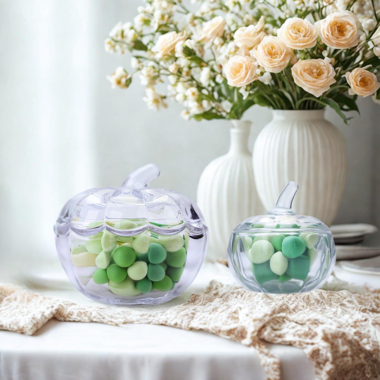 Crystal Pumpkin Jar with Cover, Glass Decorative Wedding Candy Bowl Snack Candy Dish Storage with Lid Organizer Canisters Home Decor Fall Thanksgiving Halloween Party Centerpieces (S, Transparent)