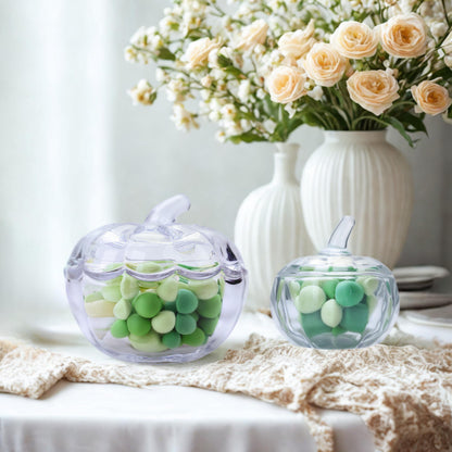 Crystal Pumpkin Jar with Cover, Glass Decorative Wedding Candy Bowl Snack Candy Dish Storage with Lid Organizer Canisters Home Decor Fall Thanksgiving Halloween Party Centerpieces (S, Transparent)