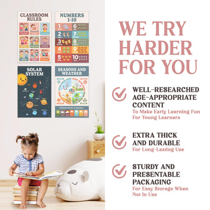 Decorably 20 Boho Learning Posters for Kids Ages 3-5, 11x17in Educational Matte-Laminated for Classrooms, Homeschool, School Hallways, Bulletin Boards