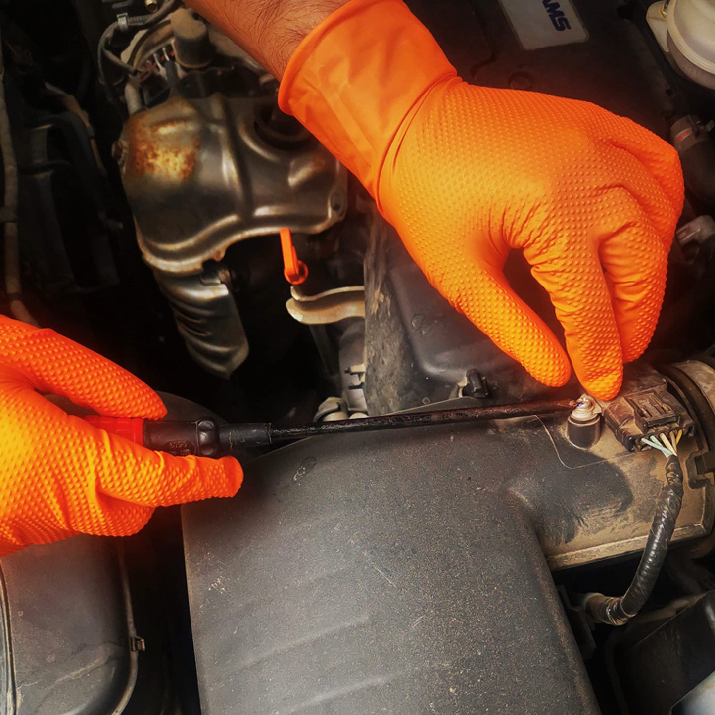TitanFlex ThorGrip Heavy Duty Industrial Orange Nitrile Gloves, 8-mil, Gloves Disposable Latex Free with Raised Diamond Texture Grip, Powder Free, Rubber Gloves, Mechanic Gloves,100-ct Box (Large)