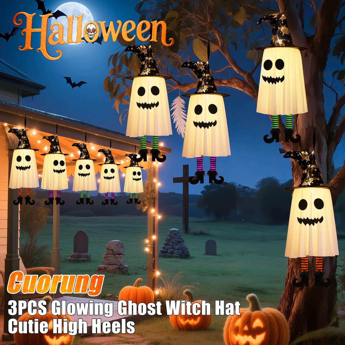 3 Packs Halloween Decorations Outdoor, Hanging Ghosts String Lights Halloween Decor, Spooky Cute Glowing Ghost Witch Hat Lights 3 Modes for Patio Yard Front Porch Tree House Party(18 Batteries)