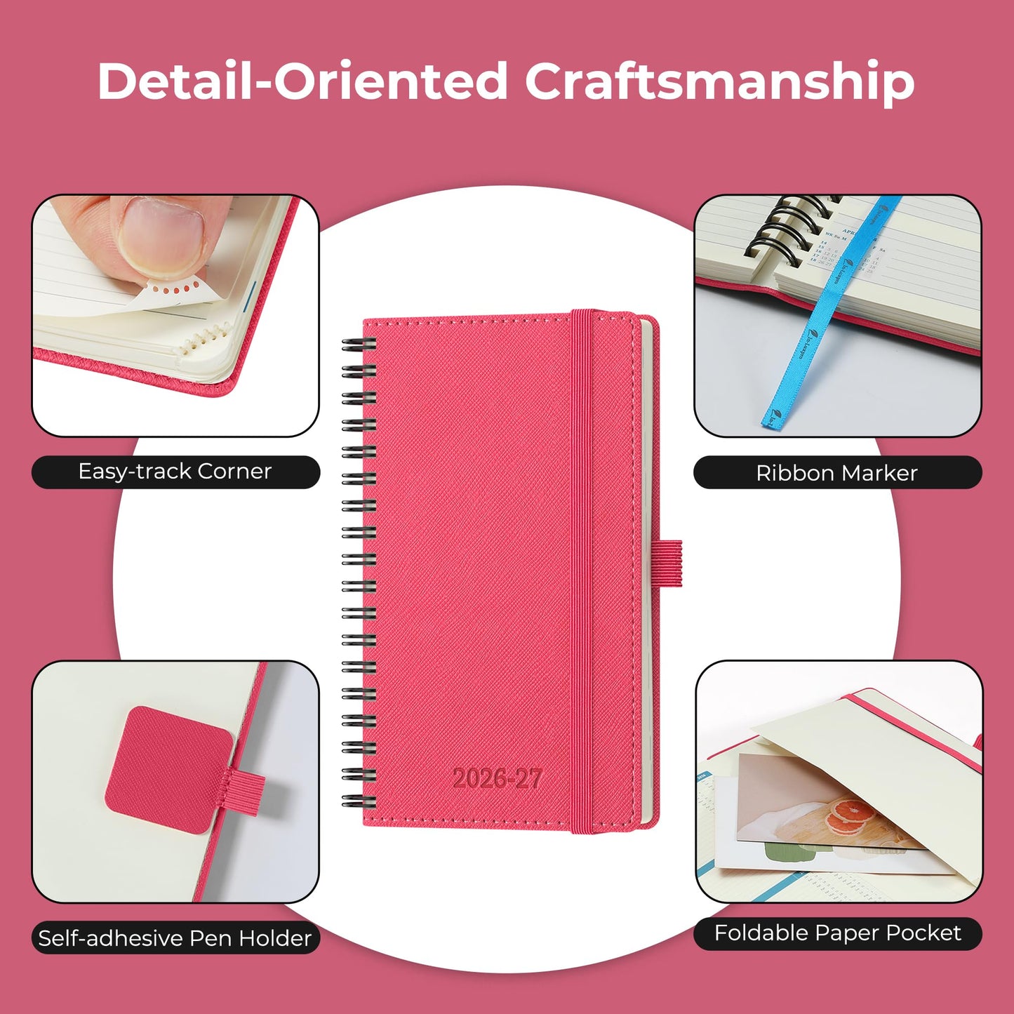 IN-LUXPRO Planner 2026-2027 Daily Weekly and Monthly,6.5"x3.75",18 Months Spiral Bound Calendar Agenda with Self-adhesive Pen Holder,2026 Academic Plan with Vegan Leather Soft Cover,Rose Red