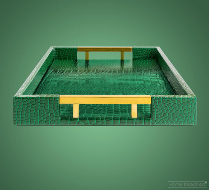 Luxury Modern Elegant 17.5"x12" Rectangle Crocodile Green Faux Leather Decorative Tray Ottoman Coffee Table Living Room Decor Kitchen Serving Tray with Gold Polished Metal Handles by Home Redefined