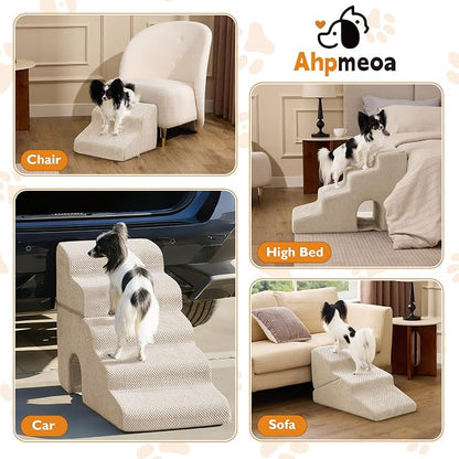 Dog Stairs for Bed 19.5’’ H, 4-Step Dog Steps for High Bed, Pet Stairs for Small Dogs and Cats to Get on Beds, Couch, Non-Slip Balanced Pet Steps and Ramp with Waterproof Cover and Tunnel, Beige