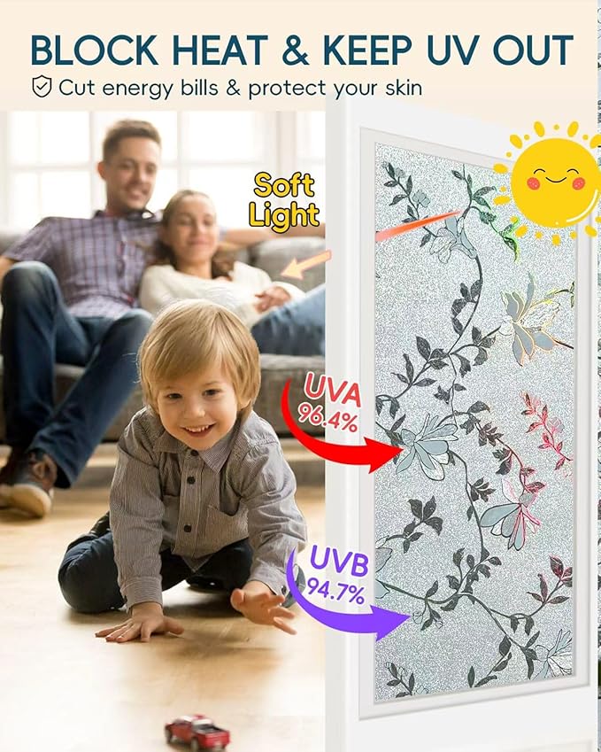 Frosted Glass Window Film with Elegant Flower Design, Bathroom Window Privacy Film for Glass Windows Cover, Static Cling, Removable, Reusable, Anti-UV, Anti-Glare, 17.5 Inch * 157.4 Inch