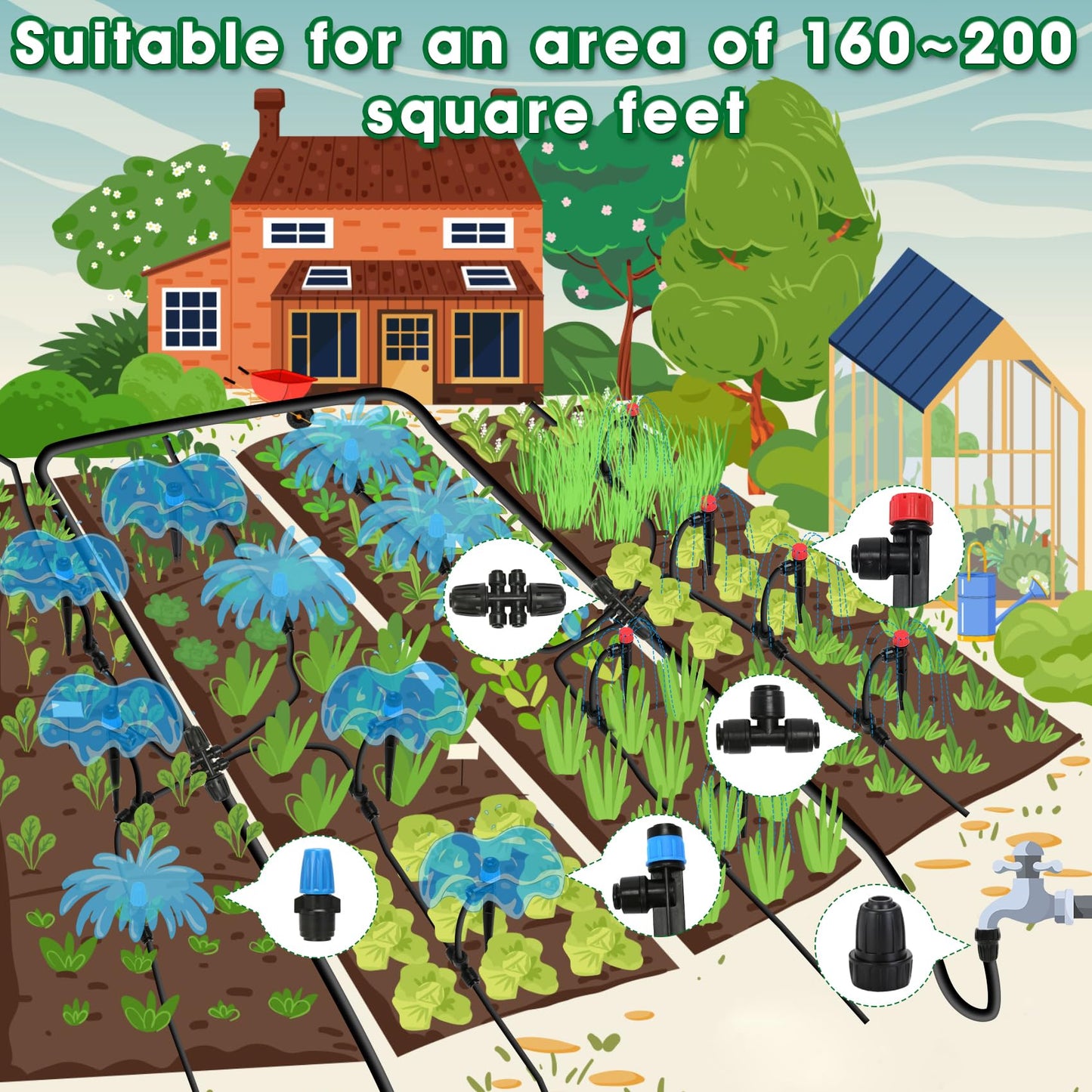 Drip Irrigation Kit, Flantor 190FT Greenhouse Drip Irrigation System Adjustable Garden Watering System with 1/2" & 1/4" Irrigation Tubing, Patio Misting Plant Watering System for Garden and Lawn