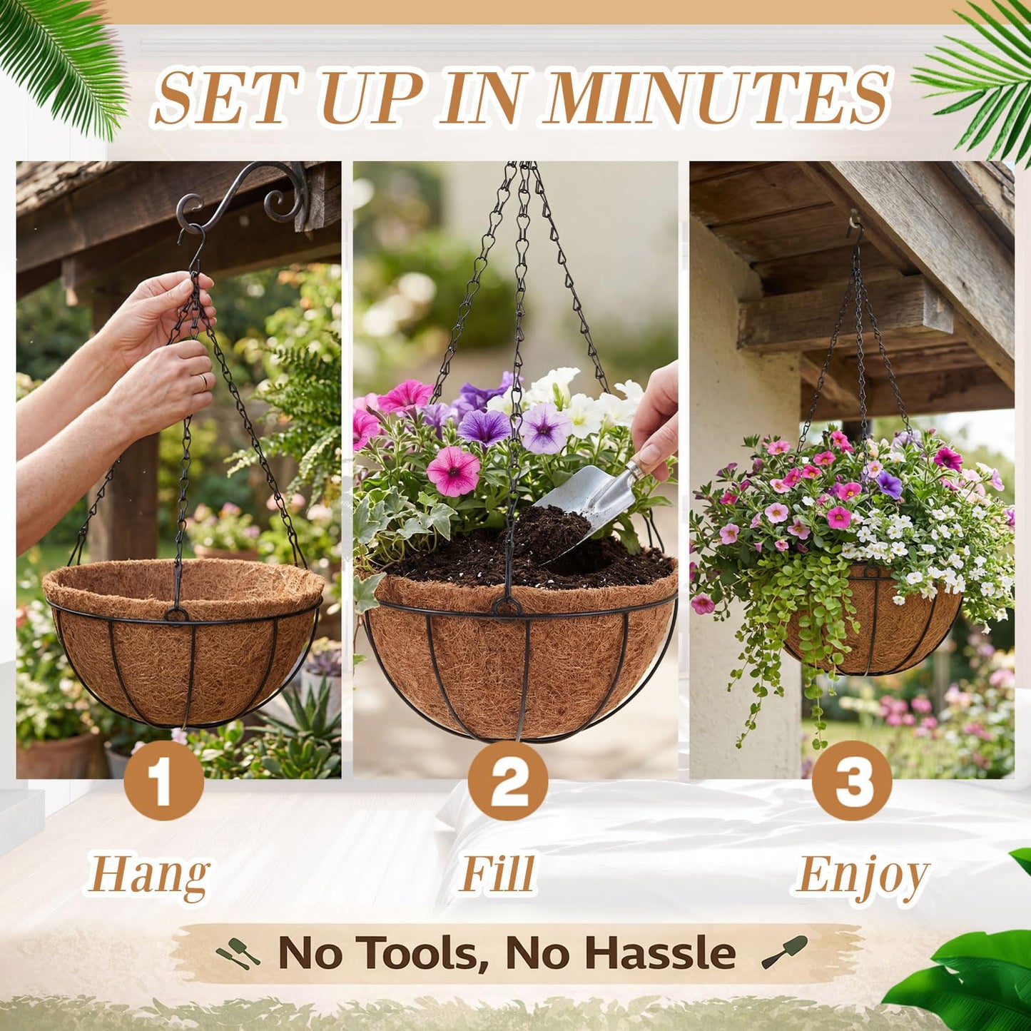 Dandat 12 Pack Hanging Planter Basket Outdoor Large Hanging Flower Pots Indoor 10 inch with Coco Coir Liner Round Wire Plant Holder Chain Basket Garden for Home Decor Balcony Office