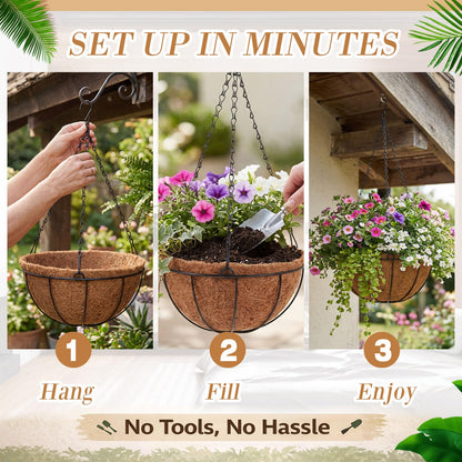 Dandat 12 Pack Hanging Planter Basket Outdoor Large Hanging Flower Pots Indoor 10 inch with Coco Coir Liner Round Wire Plant Holder Chain Basket Garden for Home Decor Balcony Office
