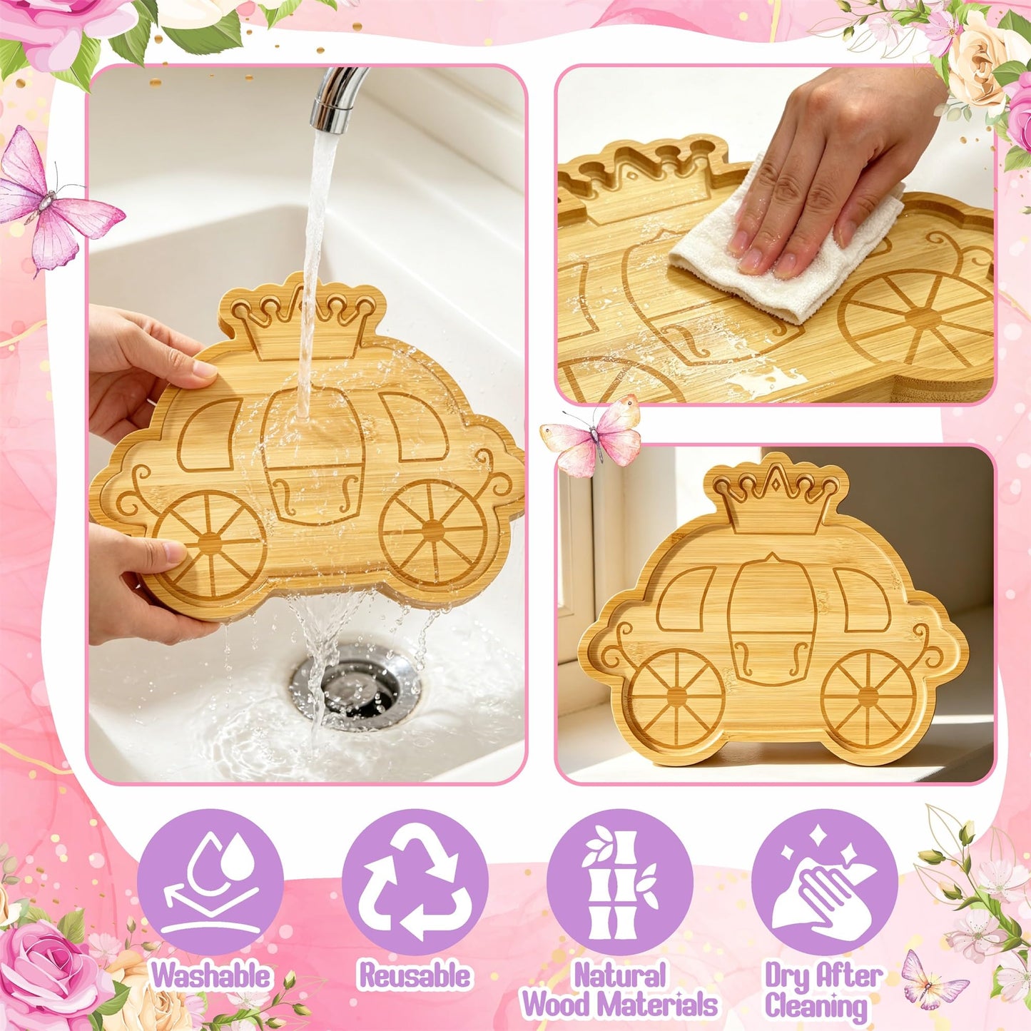 1 Pcs Princess Birthday Party Decorations Wooden Pumpkin Carriage Charcuterie Board Once Upon a Time Party Supplies Platter for Tabletop Reusable Food Trays for Sweet Baby Girls Birthday Party Favors