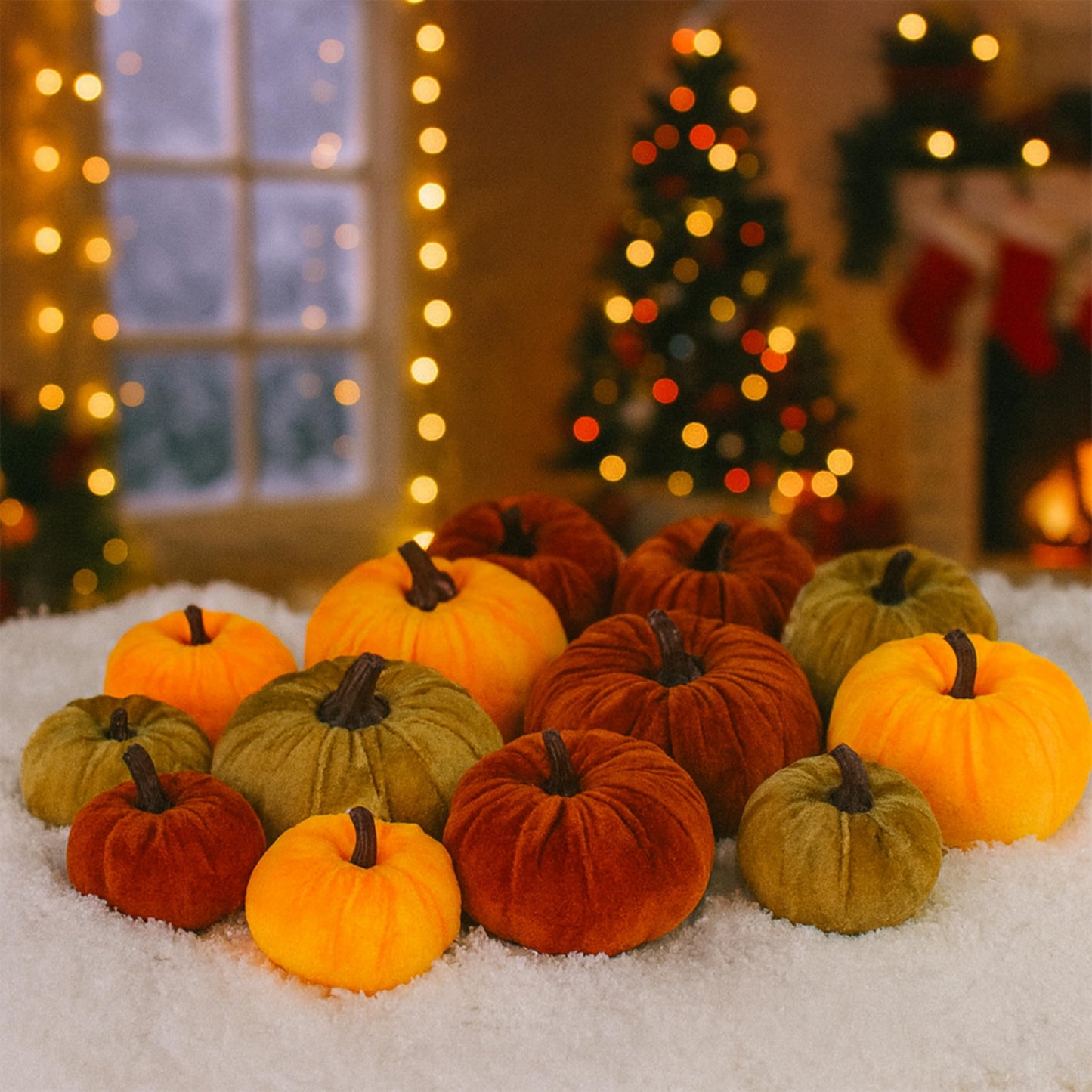 FAFVBING 12 Faux Flocked Pumpkins, Perfect for Fall Harvest, Halloween, or Thanksgiving Table Centerpieces(12, Orange, Yellow, and Crimson)