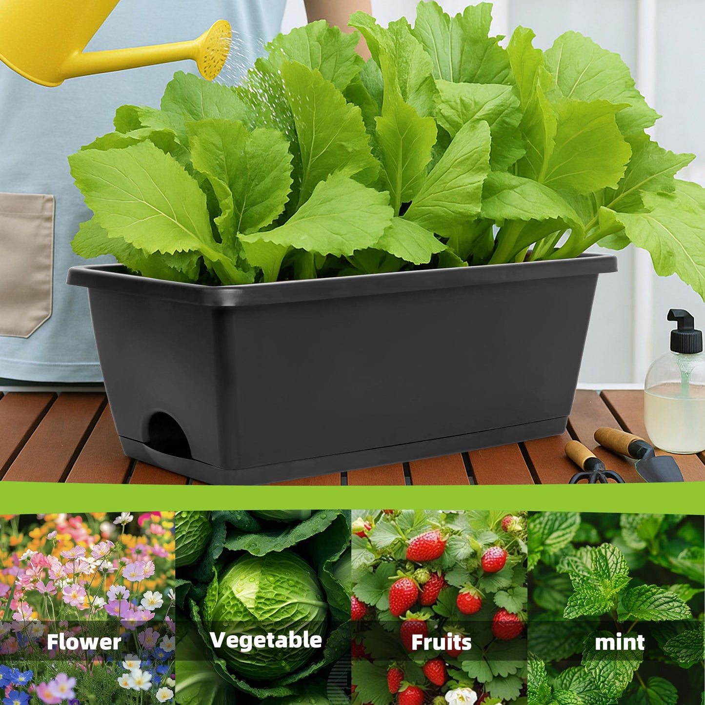 LOCONHA Window Box Planter, Plastic Vegetable Flower Planters Boxes 17 Inches Rectangular Flower Pots with Saucers for Indoor Outdoor Garden, Patio, Home Decor (12, Dark Grey)