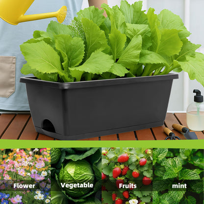 LOCONHA Window Box Planter, Plastic Vegetable Flower Planters Boxes 17 Inches Rectangular Flower Pots with Saucers for Indoor Outdoor Garden, Patio, Home Decor (12, Dark Grey)