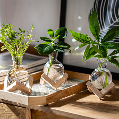 Plant Propagation Station, Desktop Flower Vases-Plant Terrarium with Wooden Stand, Tabletop Bulb Glass Vase for Living Room,Hydroponics Home Office Decoration Cu(4pcs)