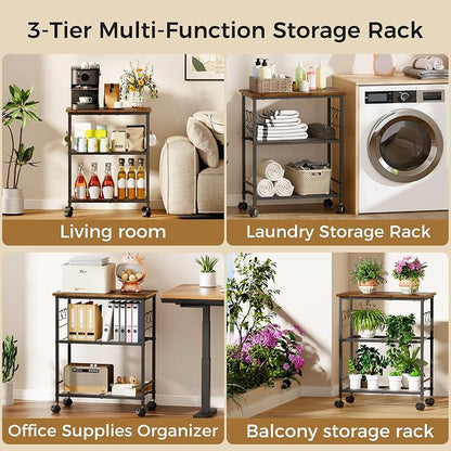 BEWISHOME Rolling Kitchen Cart 3 Tier, Microwave Kitchen Cart with Storage Function, Practical Roller Cart with 4 Locking Wheels for Kitchen, Living Room, Bathroom, Office, Bar (Brown) 99ZCC01H