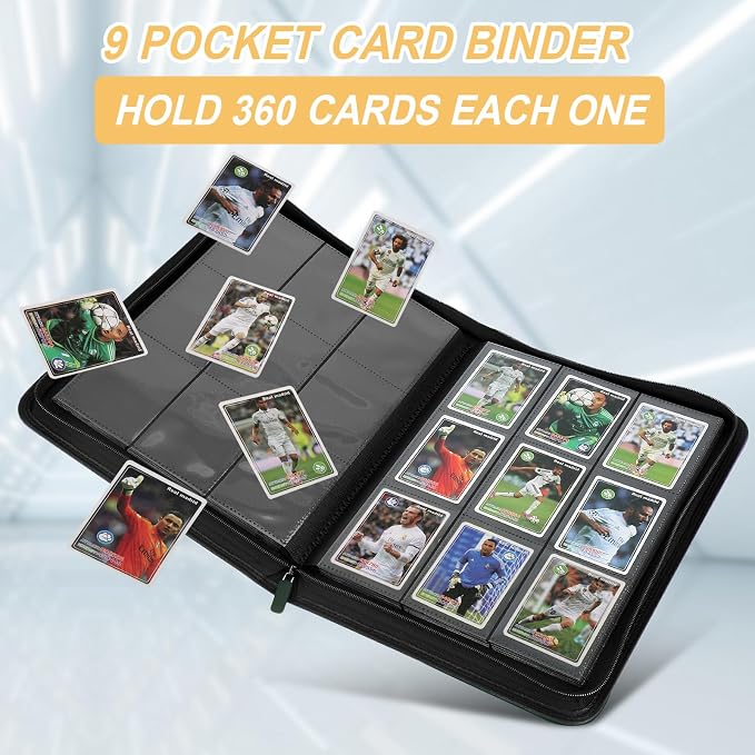 360 Cards Ringless 9-Pocket Side Loading Trading Card Binder, PU Zipper Fixed Page Card Album for TCG Sports Cards, Not Fit Top Loaders (DARKGREEN)