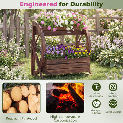 Byroce Wooden Wagon Planter Box, 2-Tier Raised Garden Bed with Drainage Holes for Flowers, Vegetables & Herbs, Indoor Outdoor Decorative Wheel Cart for Patio, Yard & Balcony, Rustic (1)