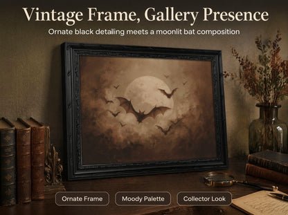 KKP Vintage Gothic Bats Full Moon Wall Art, Dark Academia Halloween Picture