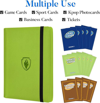 Premium 9 Pocket Card Binder for 360 Cards, Fabmaker PU Cover Trading Card Binder, Sturdy Card Collection Album, Sleek Card Holder Folders for Game Cards & Sports Cards, Green