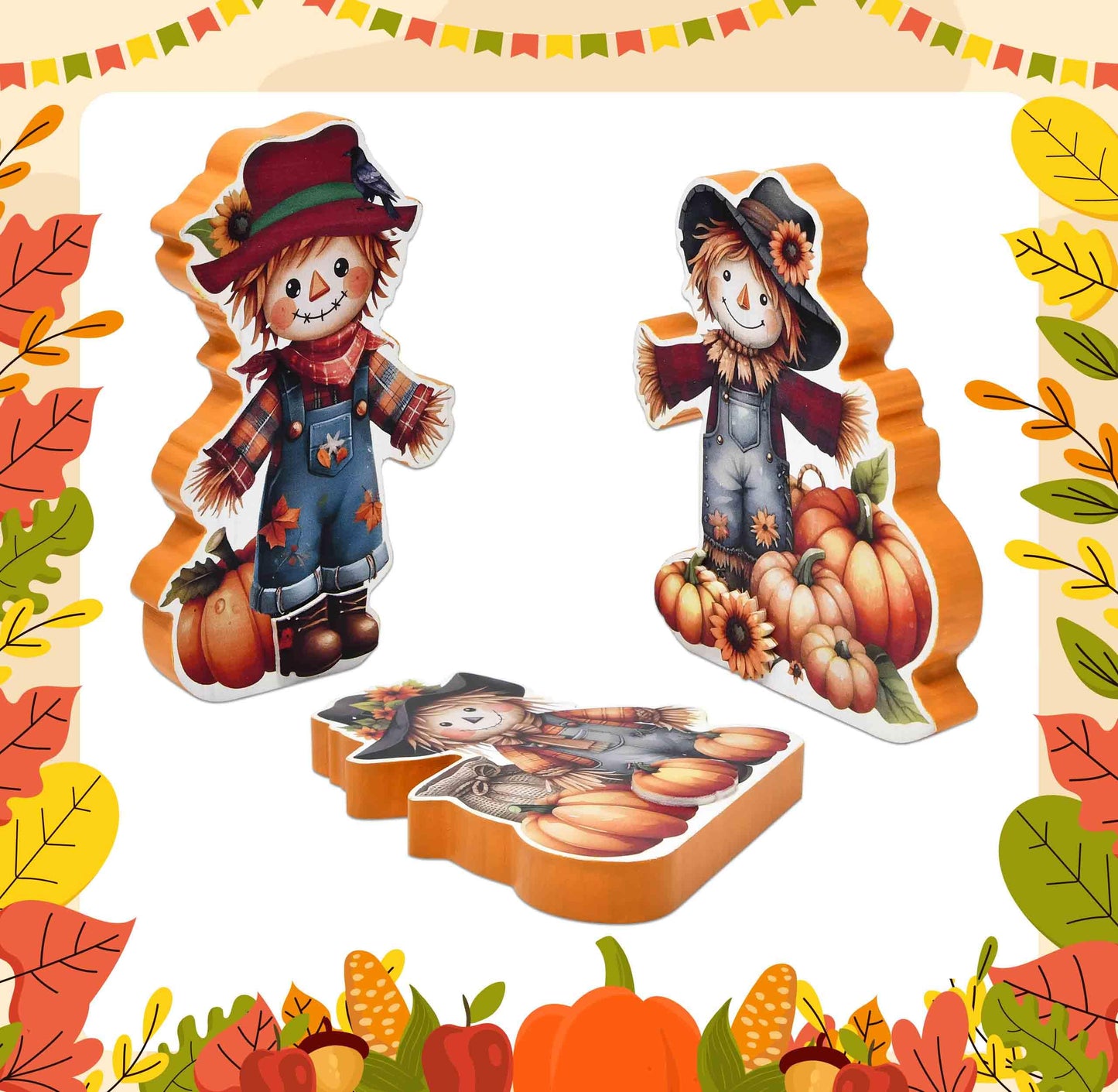 Gift Boutique Thanksgiving Scarecrow Wooden Decor Set of 3 Fall Tiered Tray Autumn Table Centerpiece Wood Standing Signs for Halloween Home Decoration