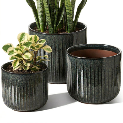 LE TAUCI Ceramic Pots for Plants, 8.3/7/6 Inch Indoor Planters with Drainage Holes & Mesh, Modern Glossy Glaze Cylinder Fluted Plant Pot for Snake Plant, Set of 3, Dark Olive