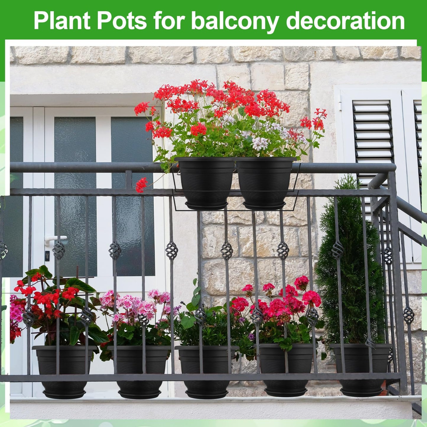 Sunnychicc 12 Pack 10'' Plastic Plant Pots Round Planter Pots with Saucer Tray Seedling Pot Hole Seed Resin Plant Pot Starting Nursery Flower Container with Pallet for Garden Outdoor Indoor(Black)